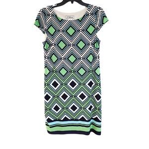 J Howard Green Black Geometric Print Short Sleeve Sheath Dress Office Career 8
